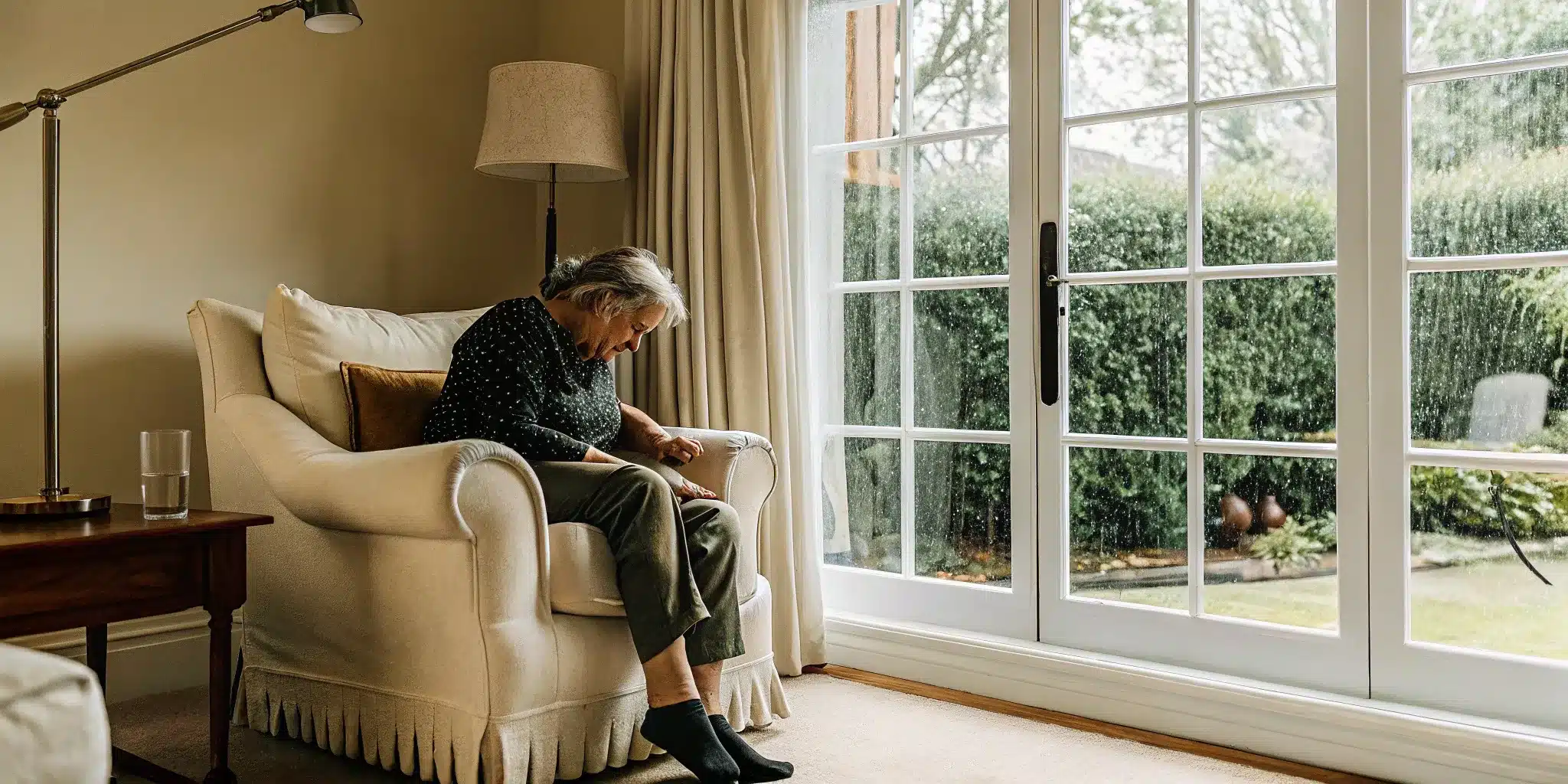 Woman's joint pain affected by high humidity on a rainy day.