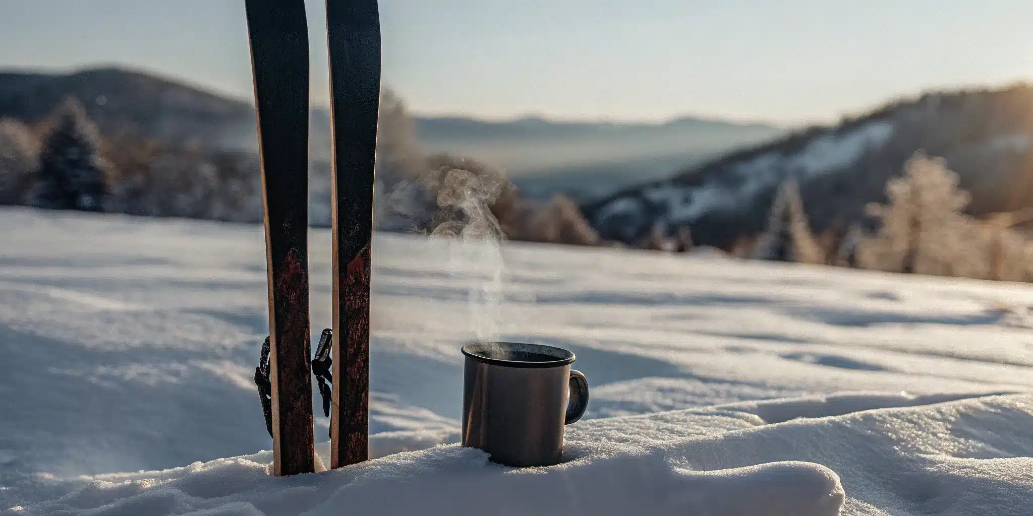 how-to-relieve-soreness-after-skiing-7-pro-tips-739510 Skis in the snow next to a warm drink, a moment of recovery to relieve soreness after skiing.