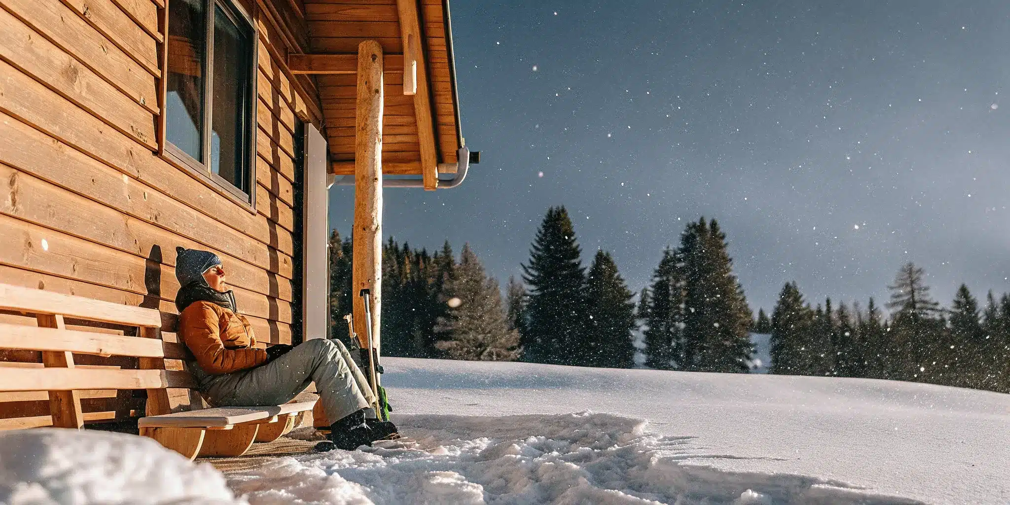 how-to-relieve-soreness-after-skiing-a-pro-guide-345697 A person resting on a bench to relieve soreness after skiing in the snow.