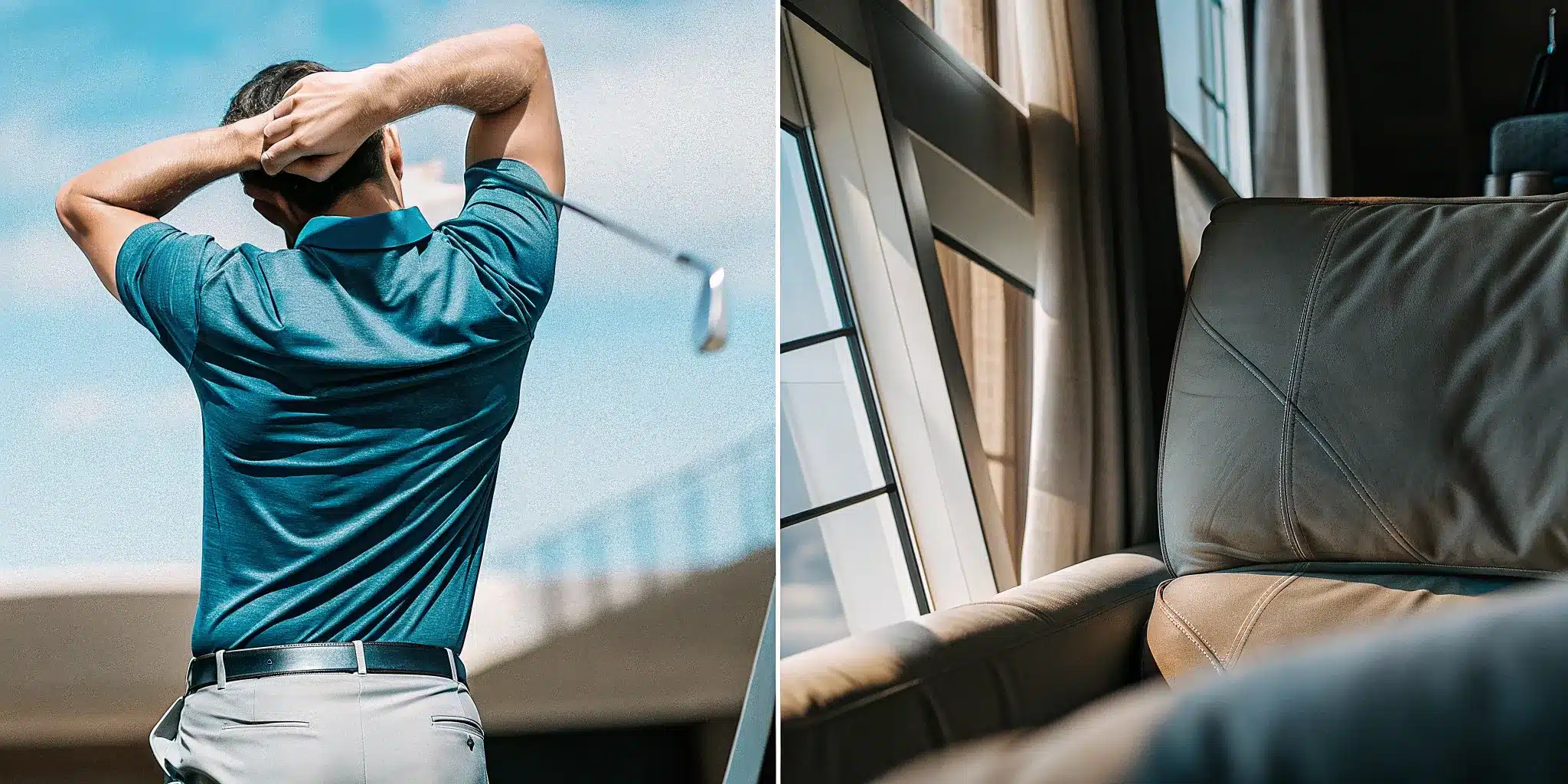 pain-relief-for-golfers-fix-back–shoulder-pain-429195 Golfer stretching his back and shoulders for pain relief.