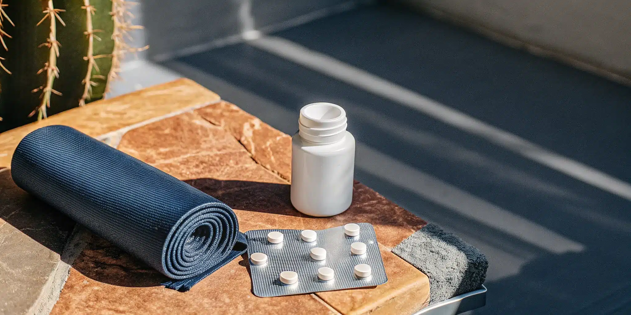 Pills, a yoga mat, and a towel for the best pain relief options in hot Texas summers.
