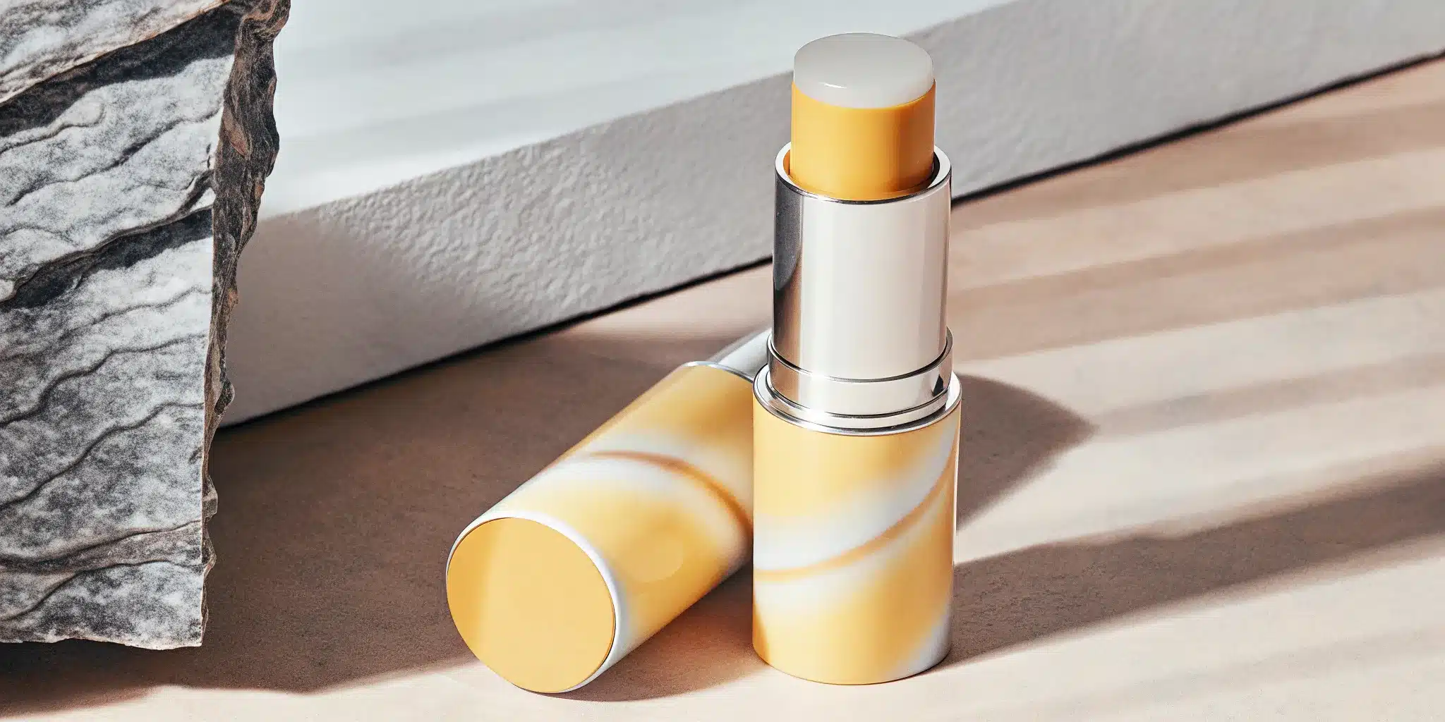 cbd-balm-stick-for-pain-101-the-complete-guide-213573 A CBD balm stick for pain in yellow and white packaging.