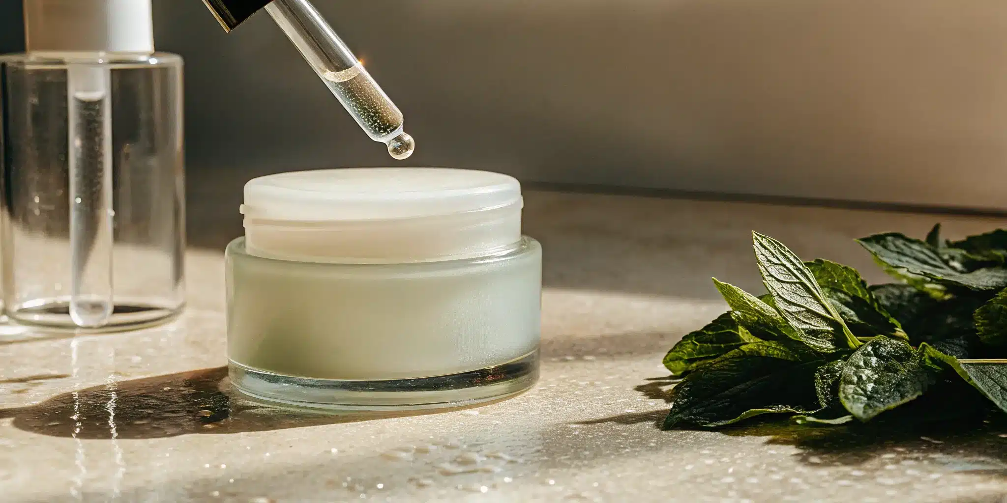 high-strength-menthol-camphor-cream-explained-213513 High strength menthol camphor cream in a jar with fresh mint leaves.