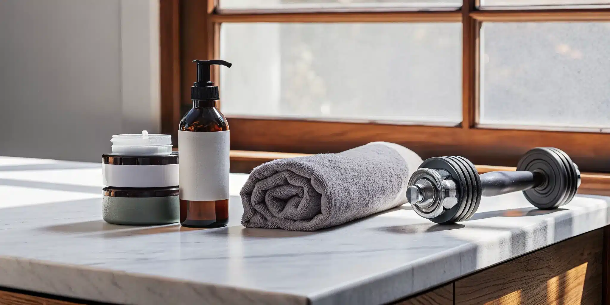 read-this-before-you-buy-muscle-recovery-cream-658780 A jar of muscle recovery cream and a dumbbell for post-workout muscle recovery.